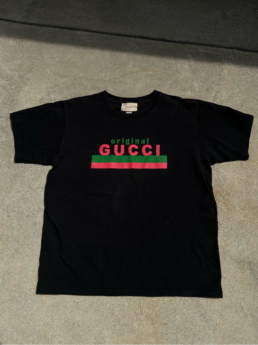 Gucci Black Short Sleeve Tee with Red and Green Stripe Logo